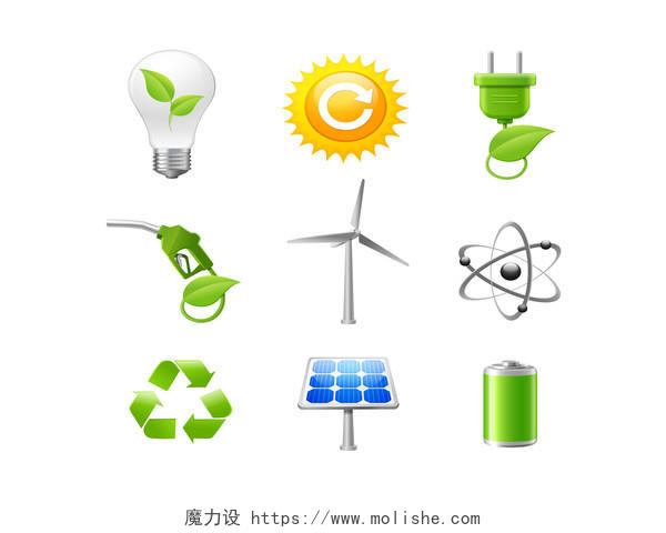 UI矢量扁平环境保护图标灯泡太阳能风车电池
